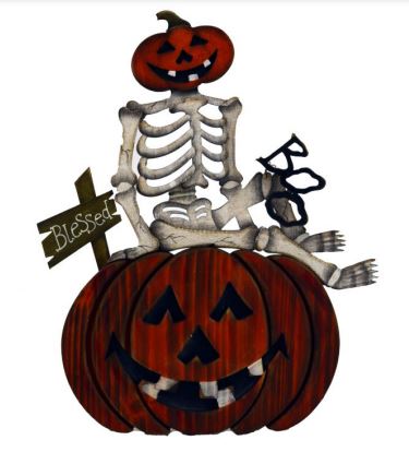 Skeleton on Pumpkin Wood Sign