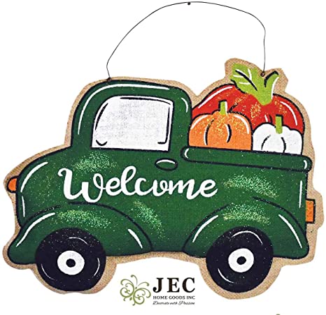 Welcome Truck Pumpkin Door Hanger