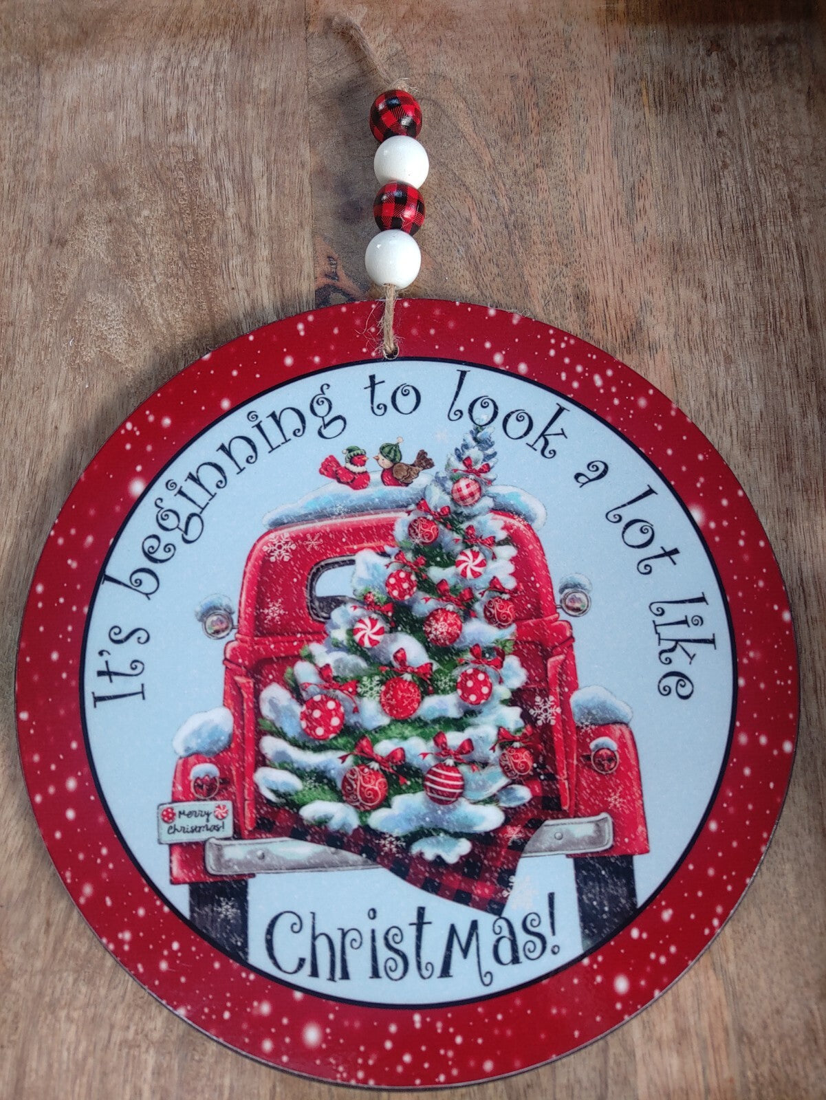 Red Truck Christmas Beaded Hanging Sign