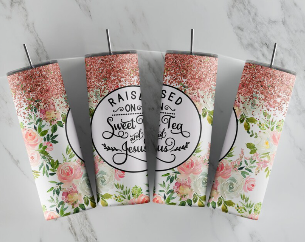 20 oz Raised On Sweet Tea Glitter Floral Skinny Tumbler