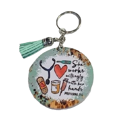 Proverbs "She Works Willingly With Her Hands" Keychain w/ Tassel