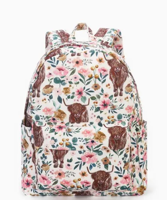 Highland Cow Floral Kids Backpack