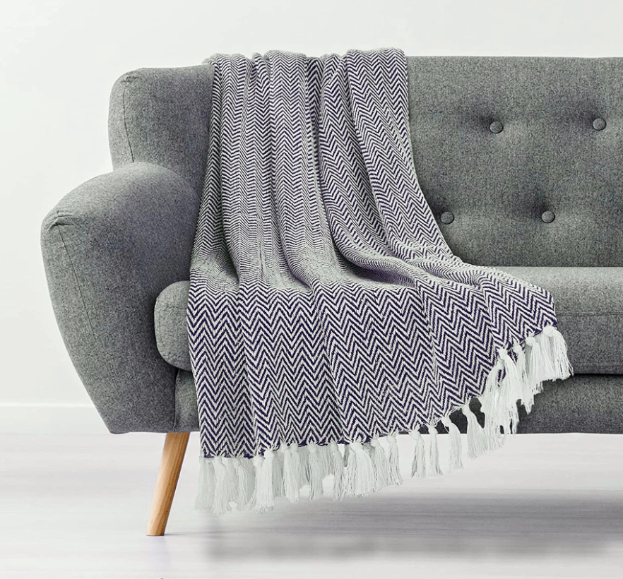 Navy Cotton Hand Woven Chevron Throw Blanket