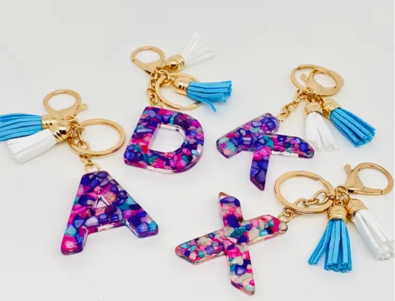 Hot Pink & Blue Acrylic Tassel Keychain