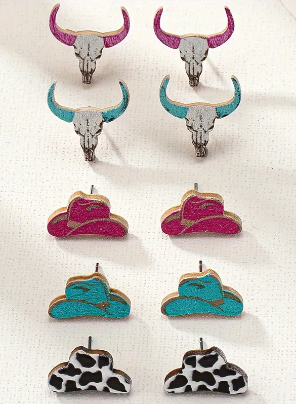 Set of 5 Cowgirl Icon Wood Earrings