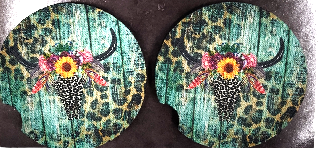 Woodgrain Leopard Bullskull Car Coasters