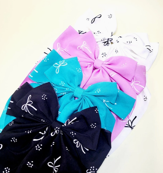 Ribbon Print Long Tails Fabric Hair Bow