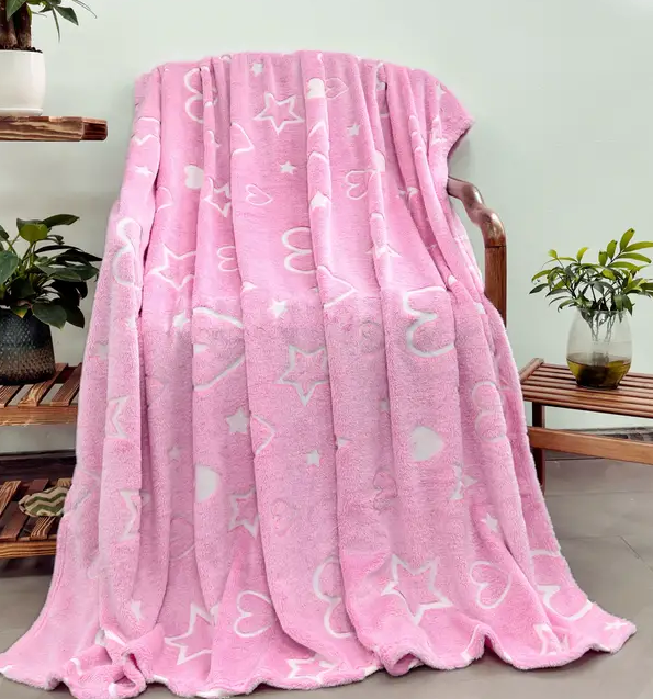 Pink Heart Star Pattern Fluorescent Flannel Blanket