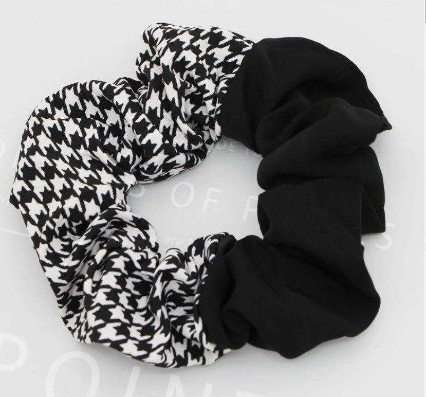 Houndstooth/ Solid Color Faux Silk Scrunchie