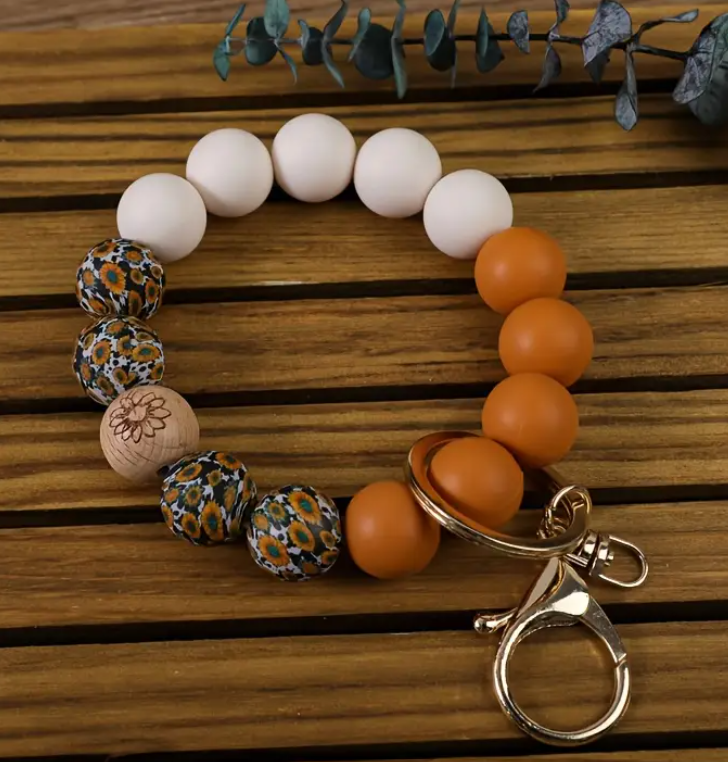 Daisy Silicone and Floral Wood Bead Keychain-Rust
