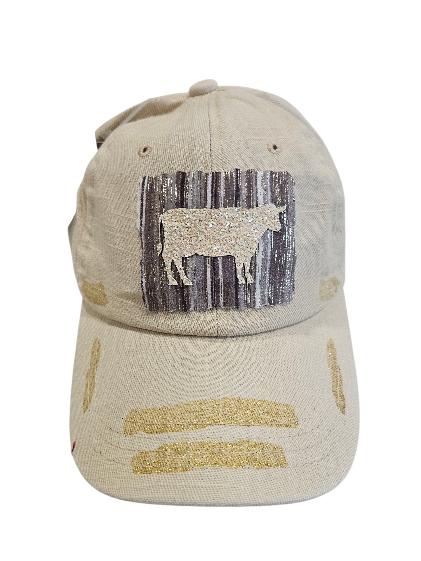 Metallic Stripe Heifer Patch Beige Baseball Cap