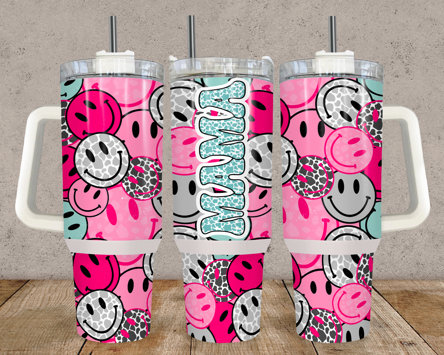 40oz. Happy Face Mama Tumbler with Handle