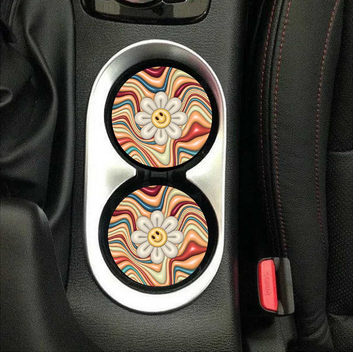 Smiley Daisy with Multi Color Waves Car Coasters