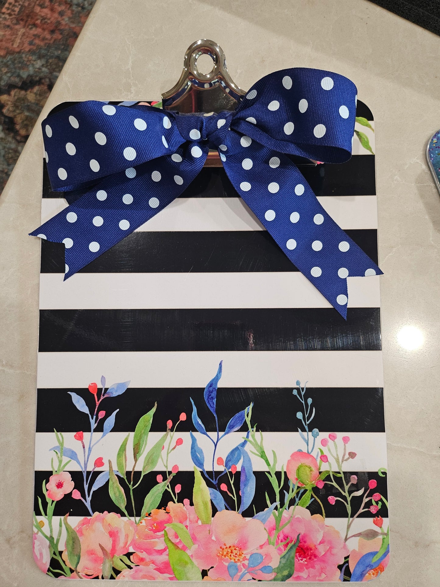 Black and White Stripe with Floral Clip Board