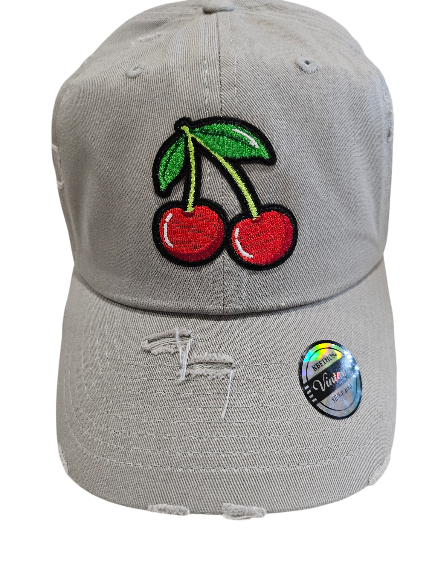 Vintage Gray Embroidered Cherry Patch Ball Cap