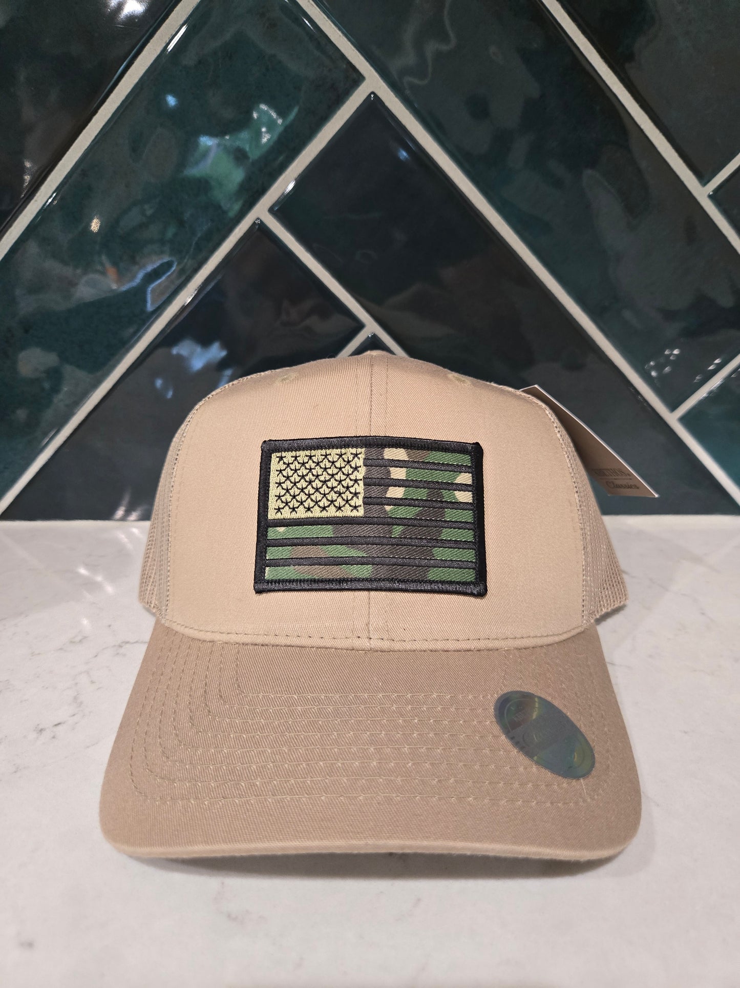 Camo Print American Flag 6 Panel Mesh Ball Cap