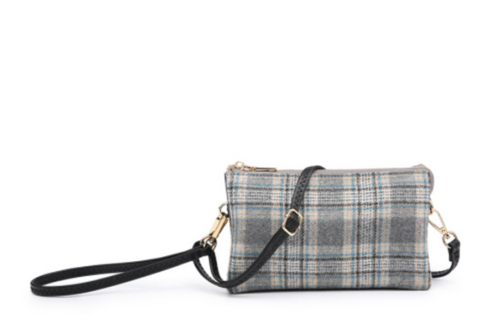 Riley Grey/Ivory/Teal Plaid Compartment Crossbody/Wristlet