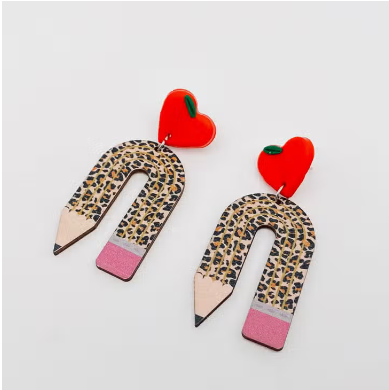 Wooden Leopard Pencil Earrings Red Heart-Shaped Ear Stud