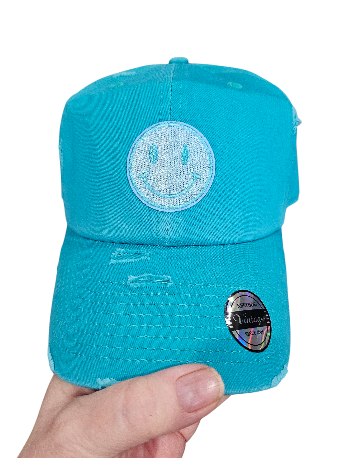 Vintage Turquoise Embrodied Smiley Face Ball Cap