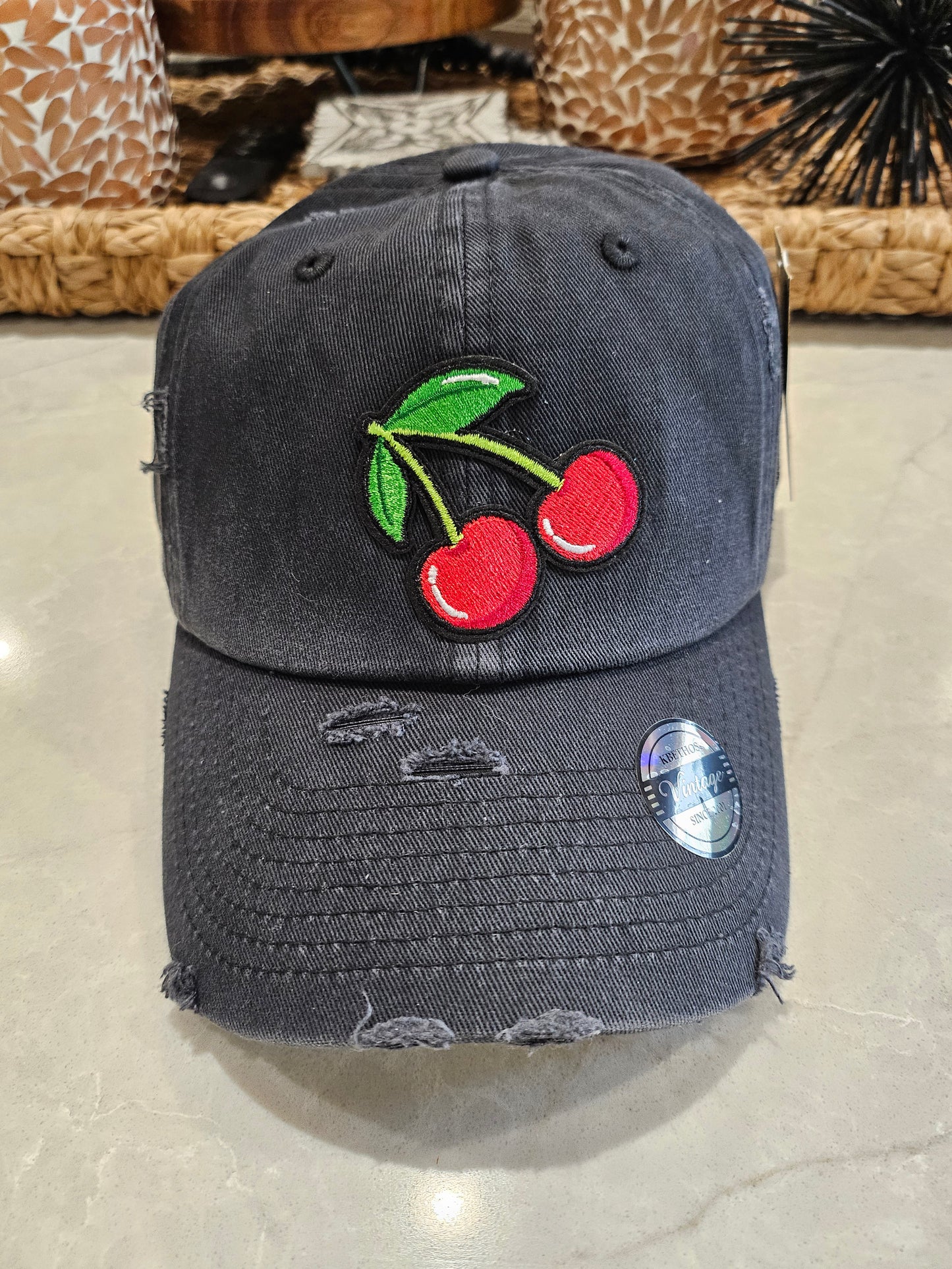 Black Vintage Cherry Embroidered Patch Baseball Cap
