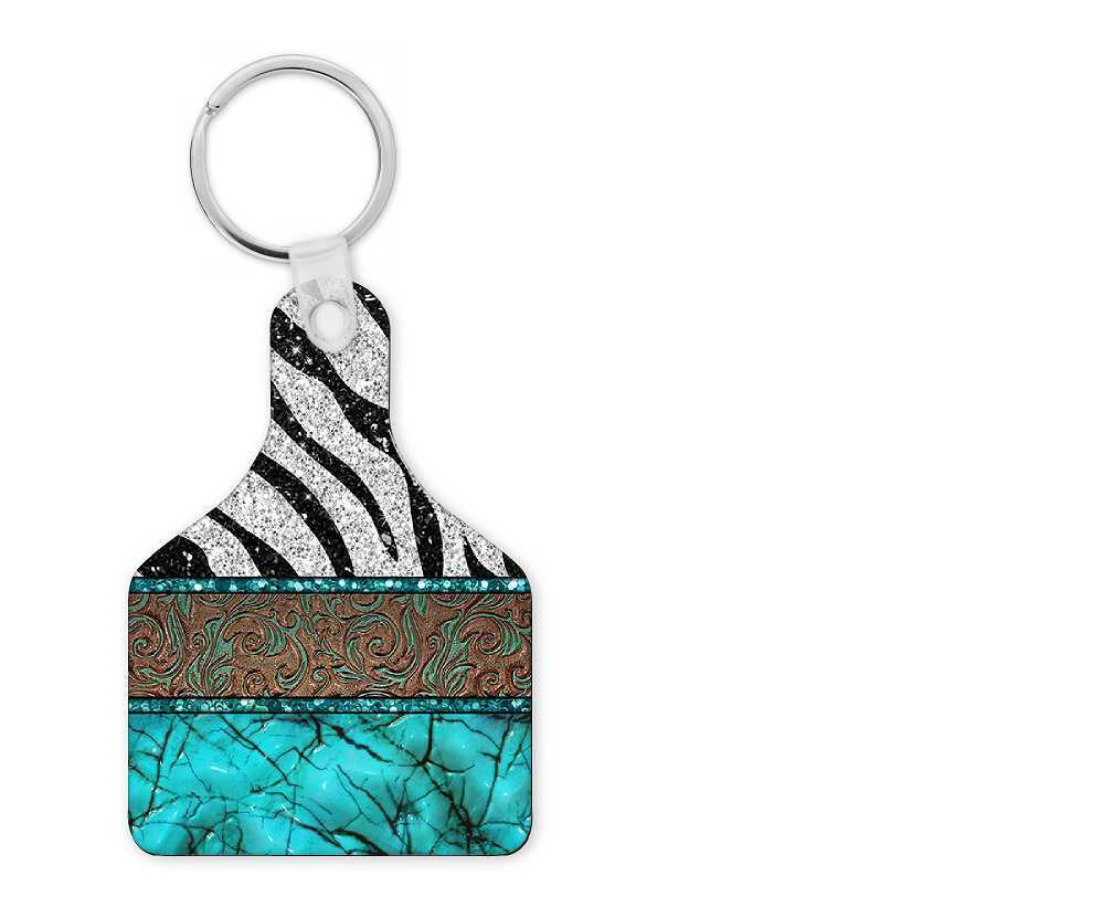 Zebra Stamped Leather Cow Tag Keychain