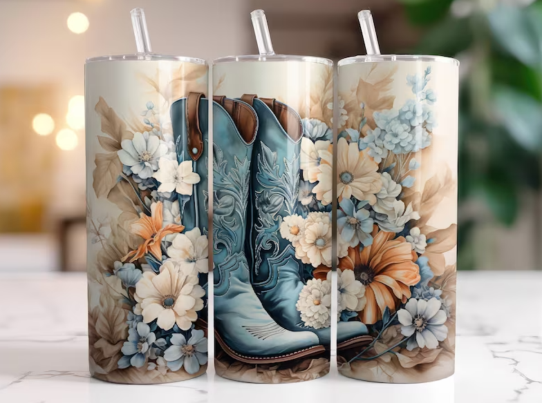 20 oz Cowgirl Boots Floral Skinny Tumbler