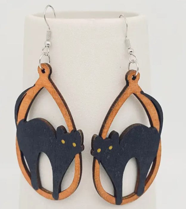 Wooden Halloween Black Cat Dangle Earrings