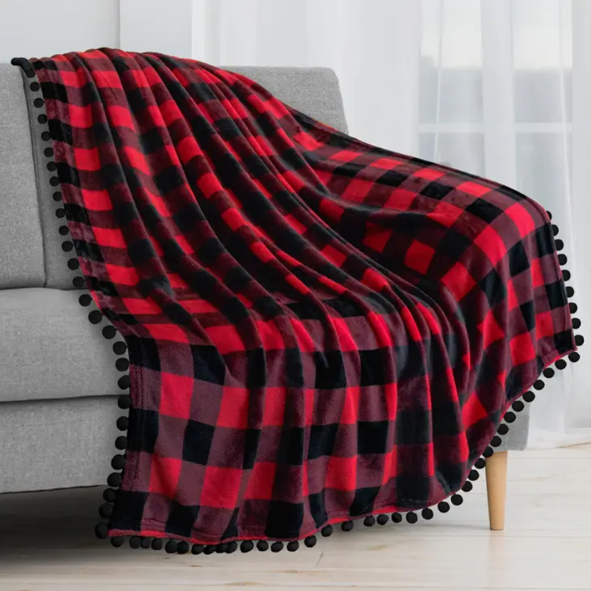Red Checkered Pom Pom Fringe Throw 50" x 60"