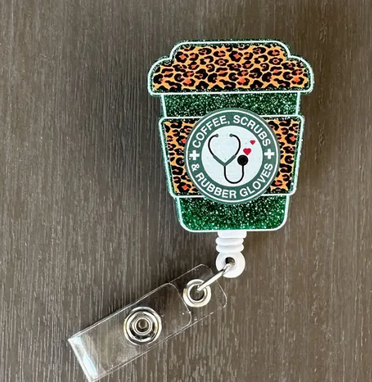 Leopard & Glitter Acrylic Coffee Cup Badge Reel