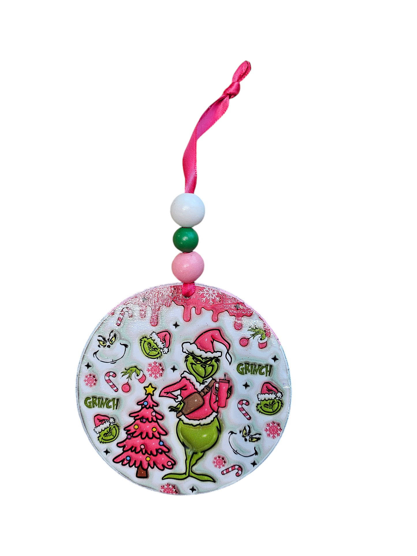 Beaded Drip Pink Grinch Christmas Wood Ornament