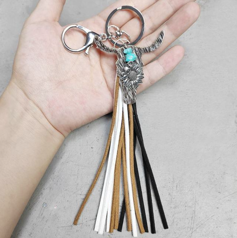 Grey Bull Skull with Charm Tassel Keychain