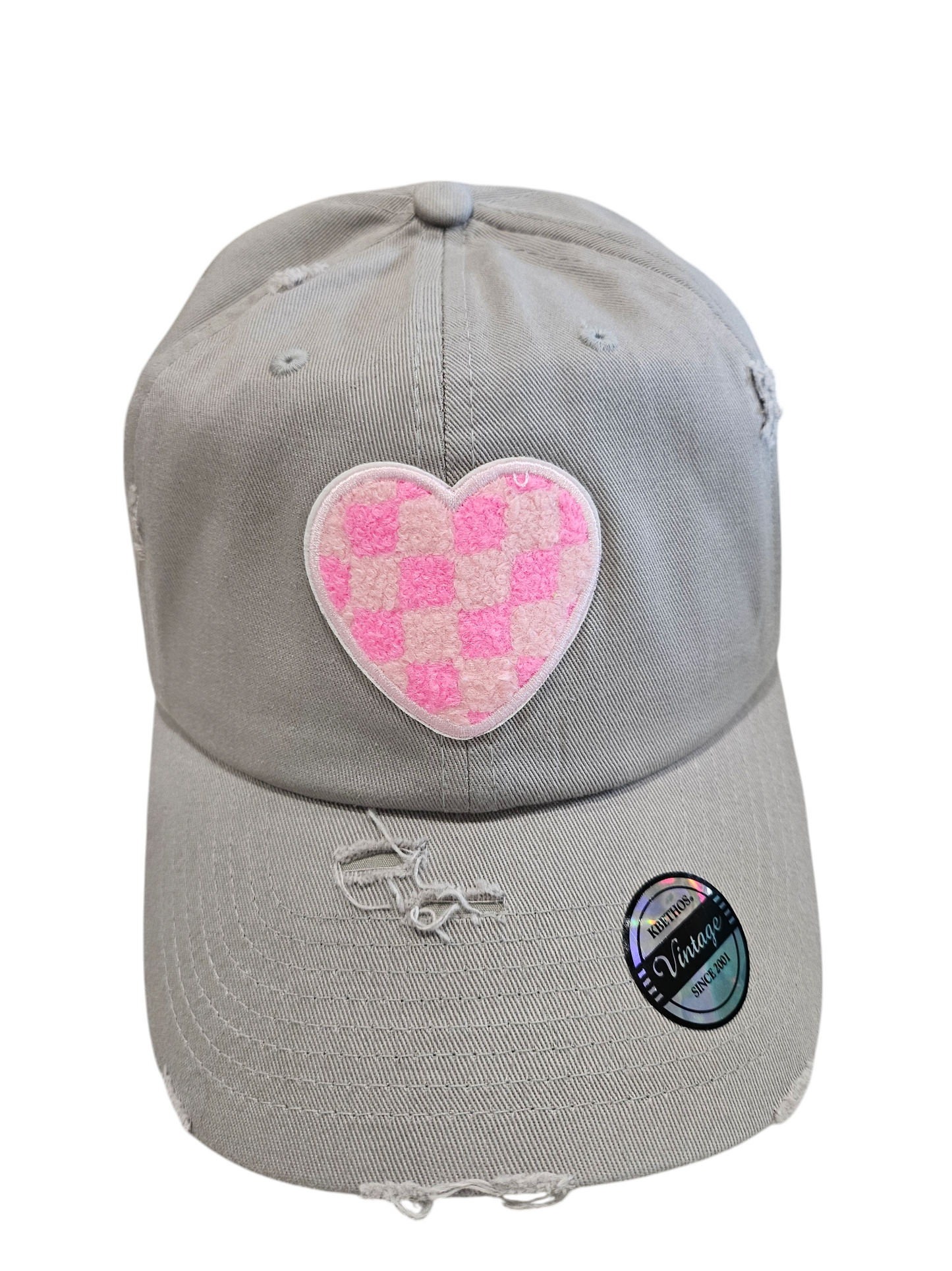 Vintage Gray Embroidered Check Heart Ball Cap