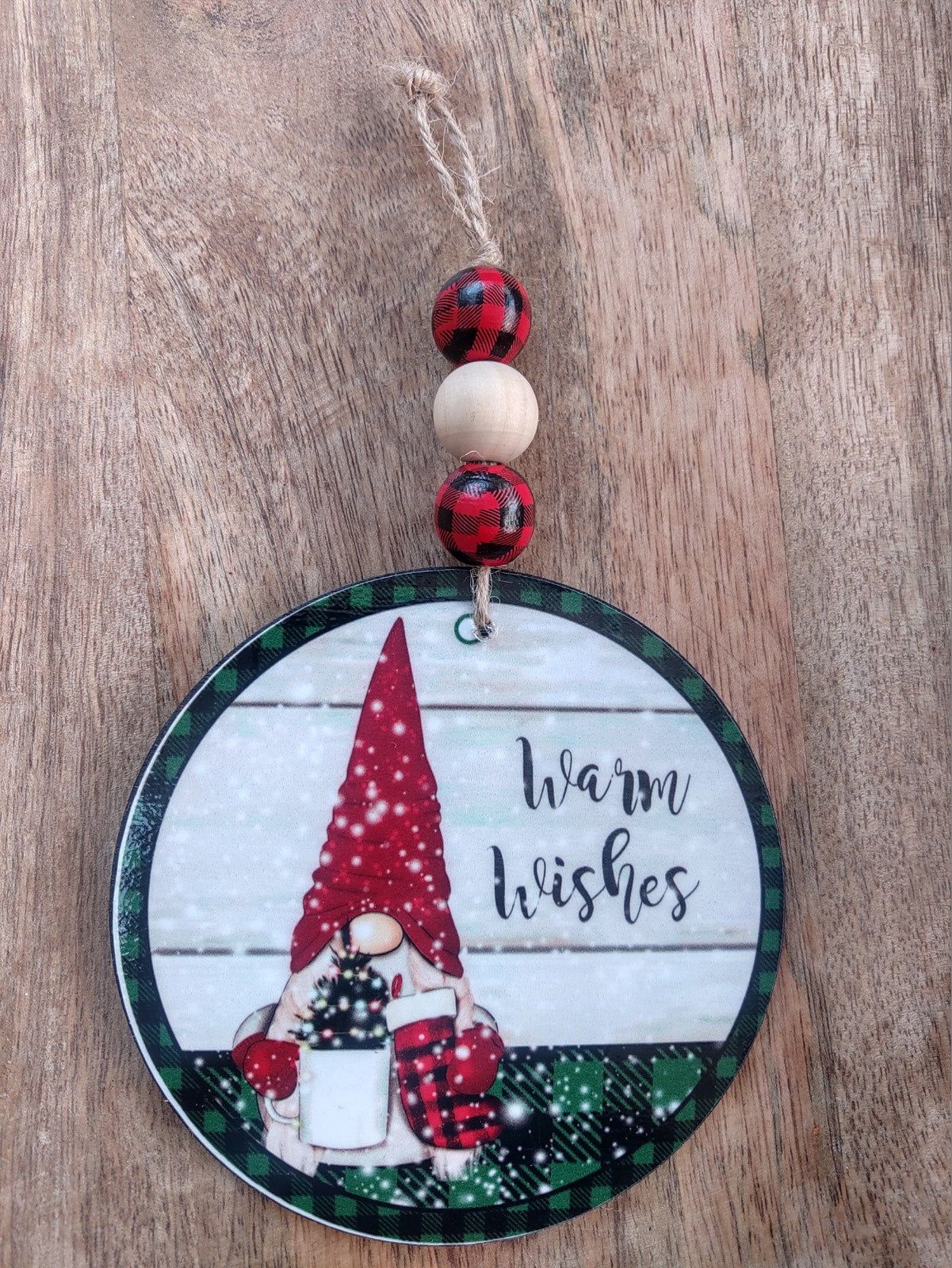 Warm Wishes Gnome Green Plaid Beaded Ornament