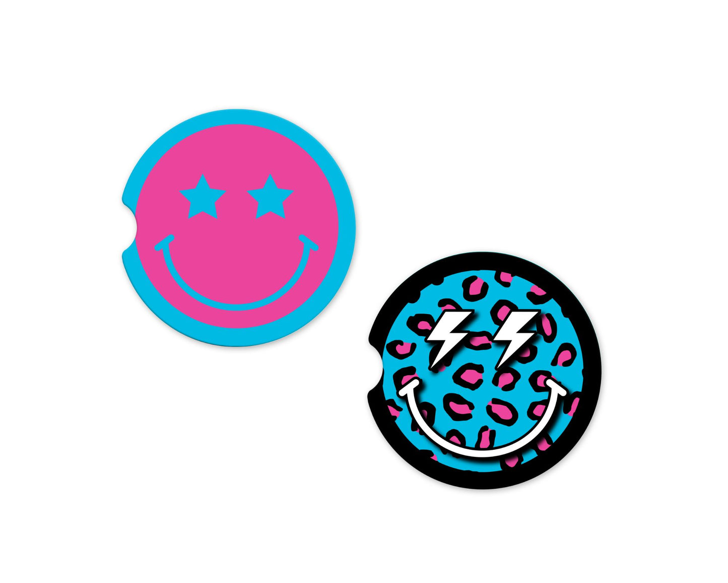 Pink Leopard and Blue Smiley Face Coasters