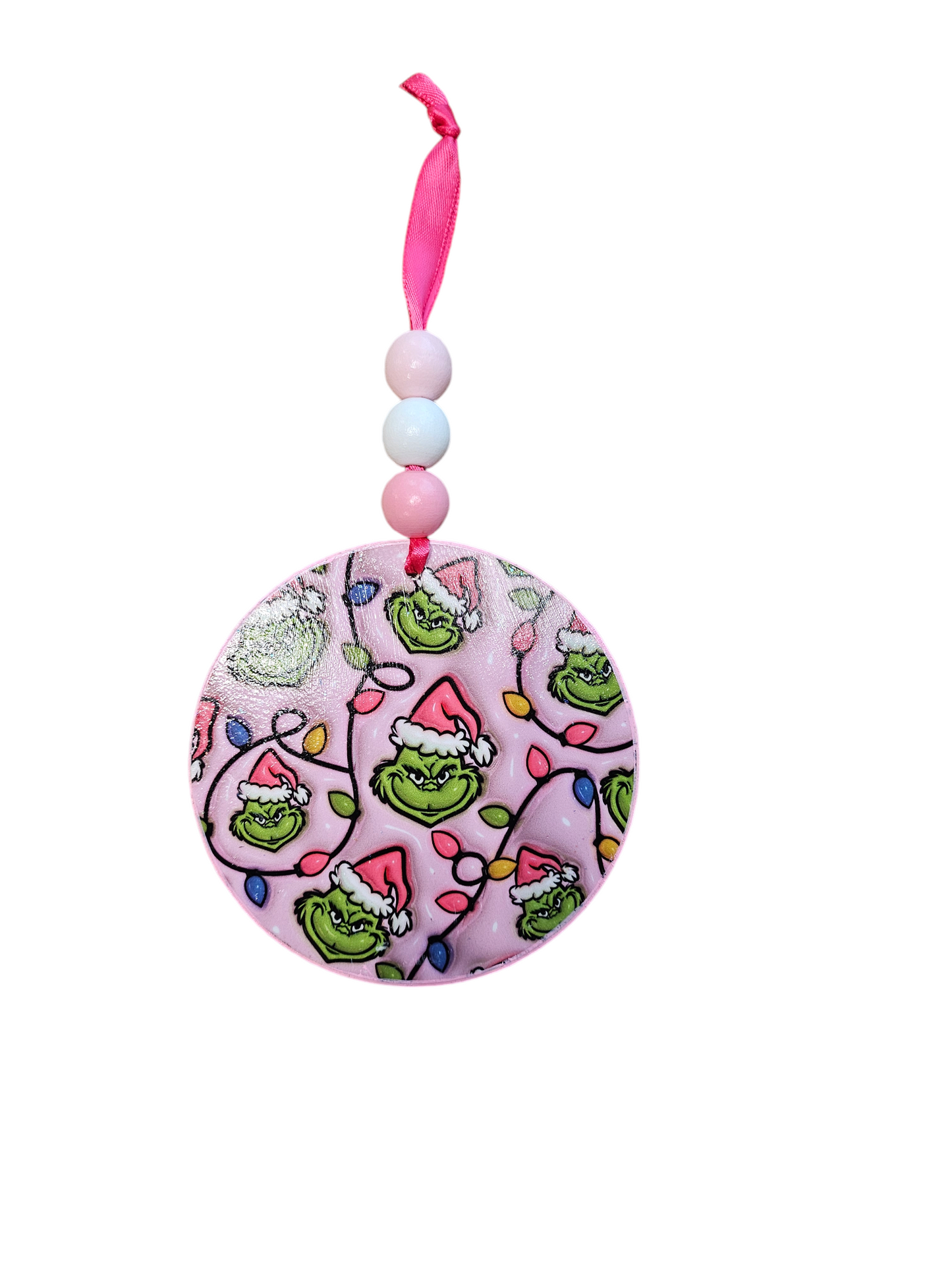 Beaded Puffy Pink Grinch and Christmas Lights Wood Ornaments