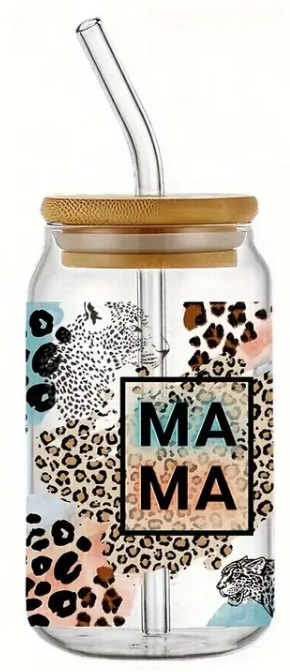 MAMA Cheetah Print 16 Oz Tumbler with Bamboo Lid and Straw