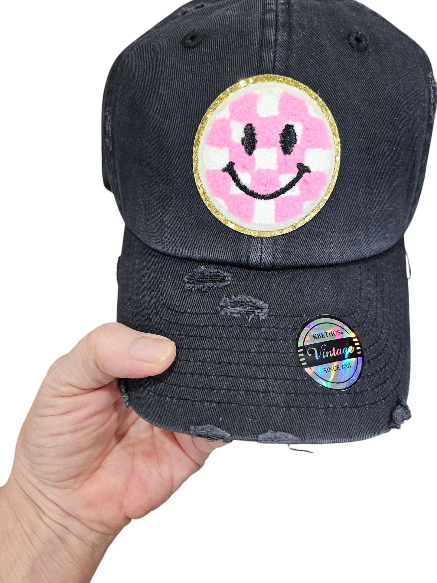 Black Vintage Embroidered Barbie Pink Smiley Face Baseball Cap