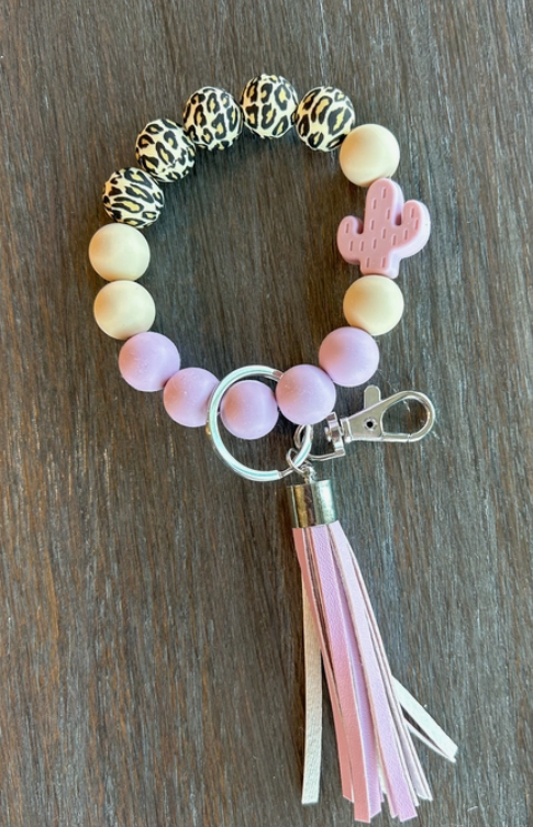 Cactus Silicone & Wood Bead Western Keychain