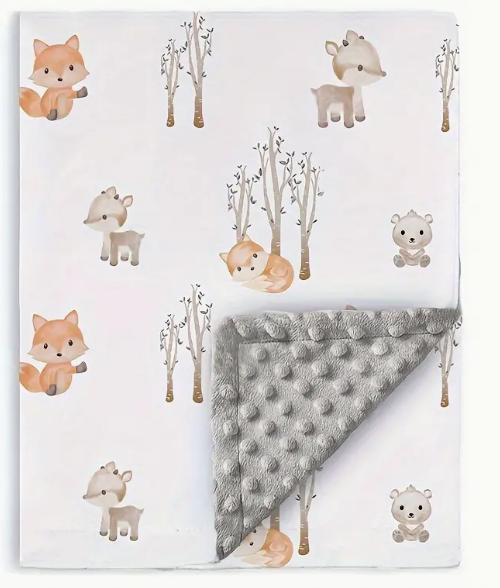 Baby Forest Animals Thick Soft Plush Minky Blanket, With Double Layers Dotted Backing