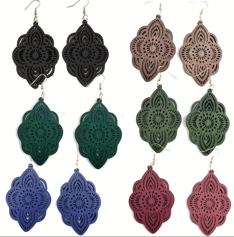 Carved Boho Lace Wood Earrings