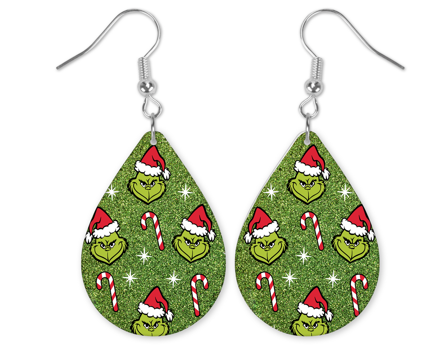 Green Glitter Grinch and Candy Canes Teardrop Earrings