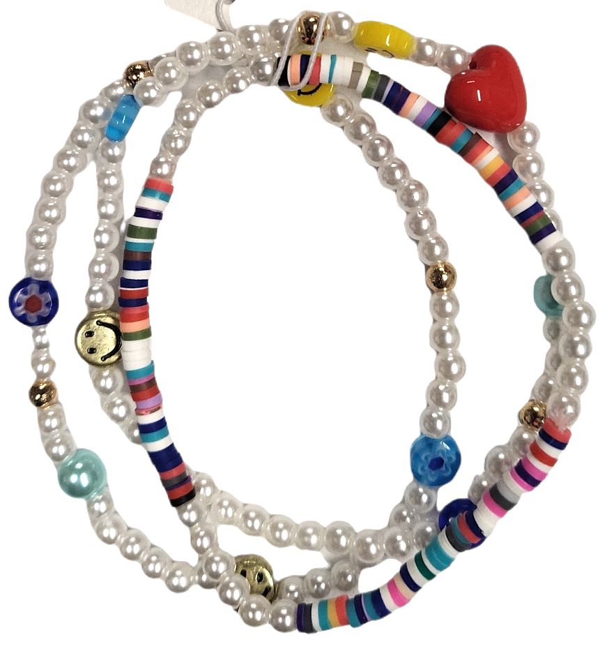 Set of 3 Seed Bead and Smiley Charm Bracelets
