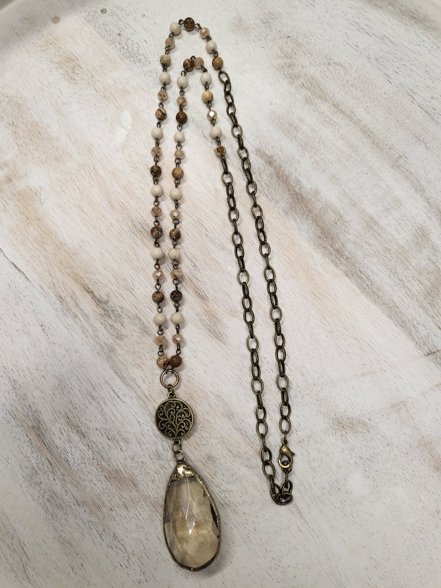 Beaded Antique Gold Necklace with Smoky Brown Pendant