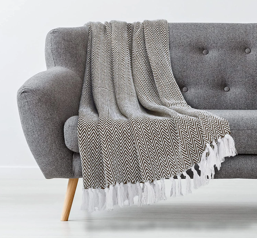 Tan Cotton Hand Woven Chevron Throw Blanket