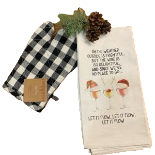 Christmas Cocktails Tea Towel and plaid Oven Mitt Set