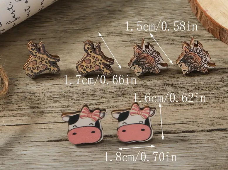 Set of 3 Cute Rural Cows Wood Earrings