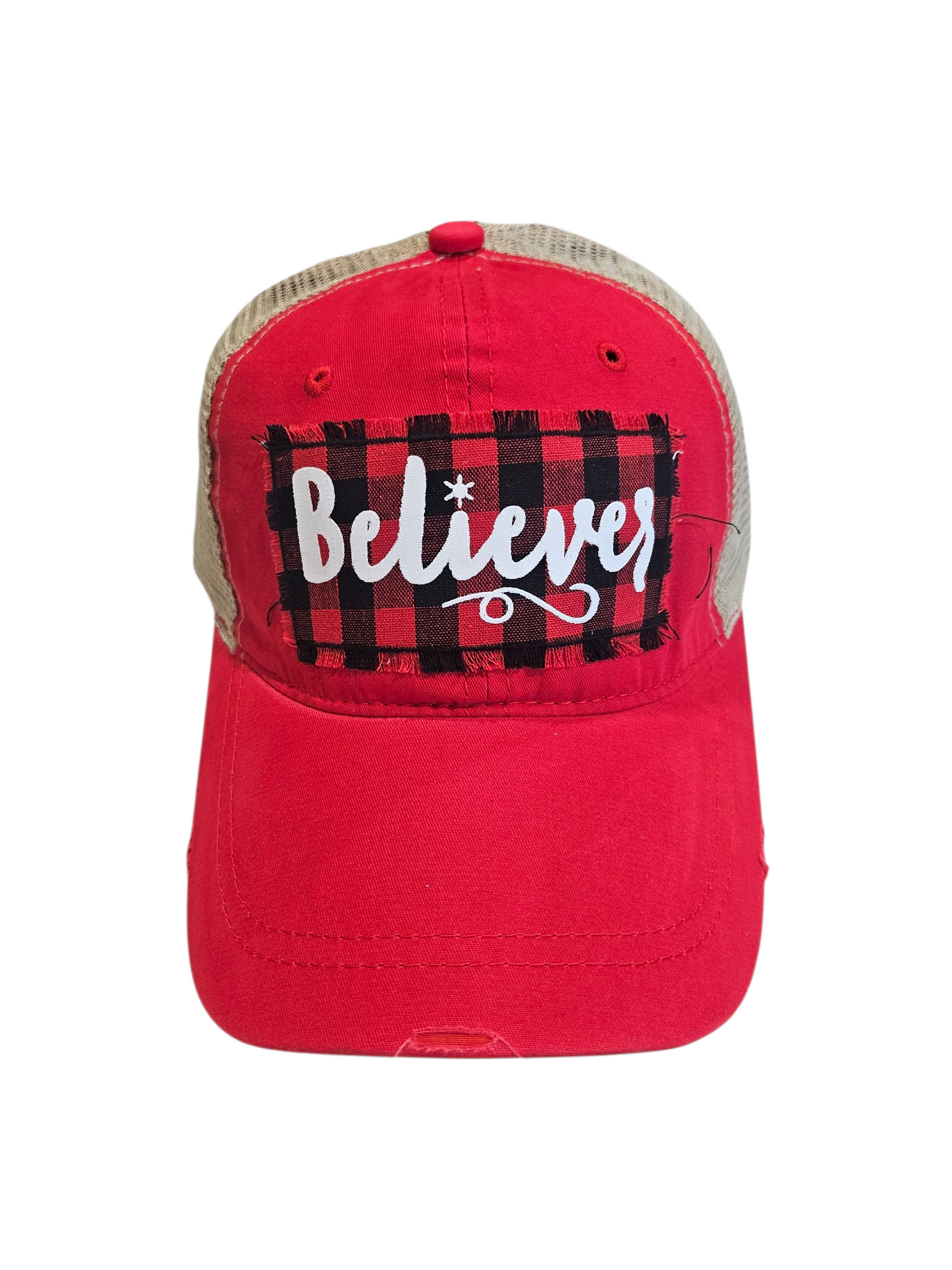 Red and Black Buffalo Plaid Believer Baseball Cap