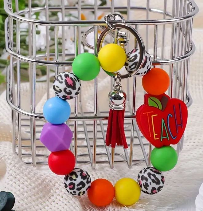 Silicone Apple TEACH Letter Beaded Tassel Keychain