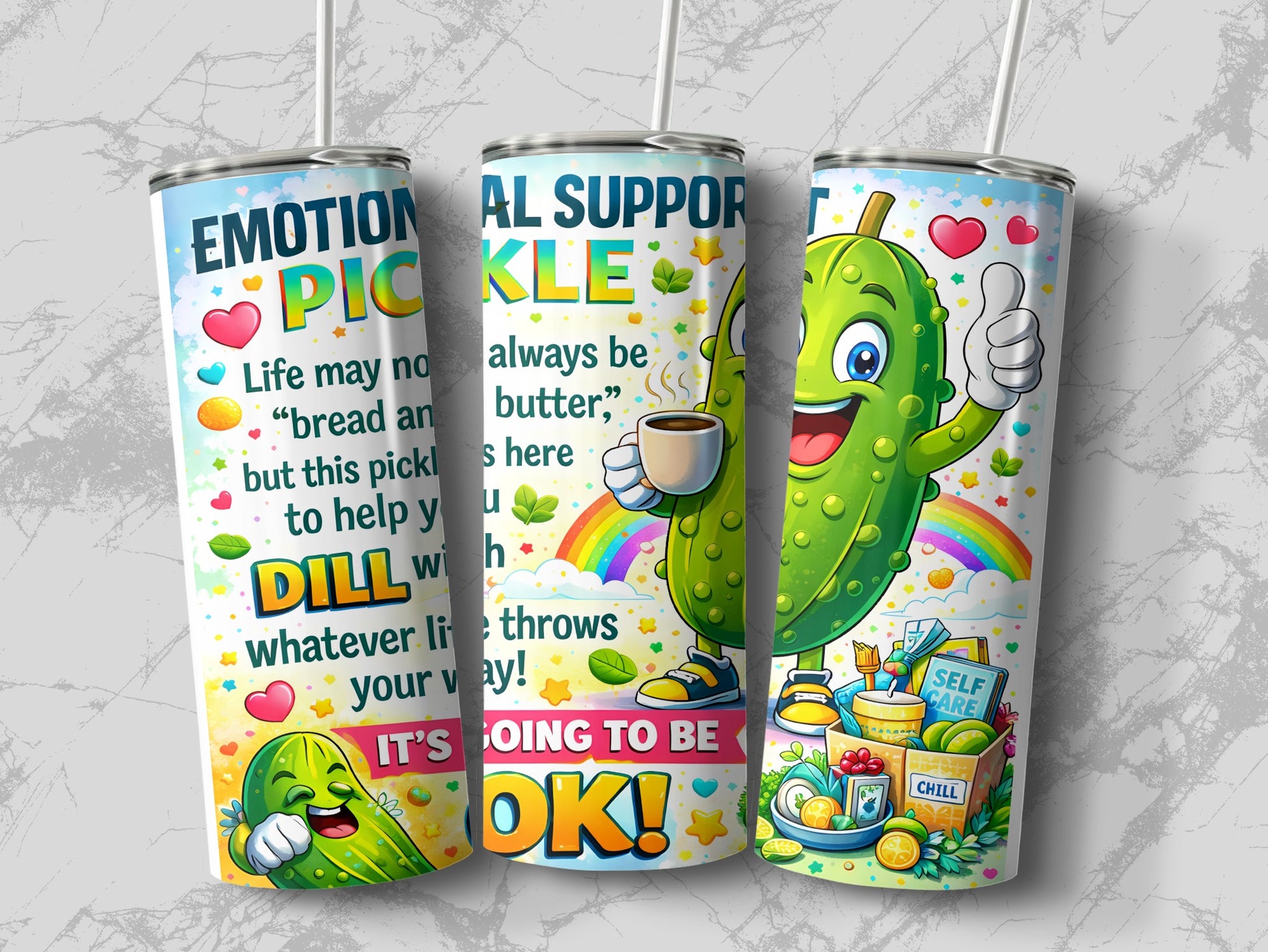 Smiling pickle character with "It's Going to be OK!" text and rainbow.