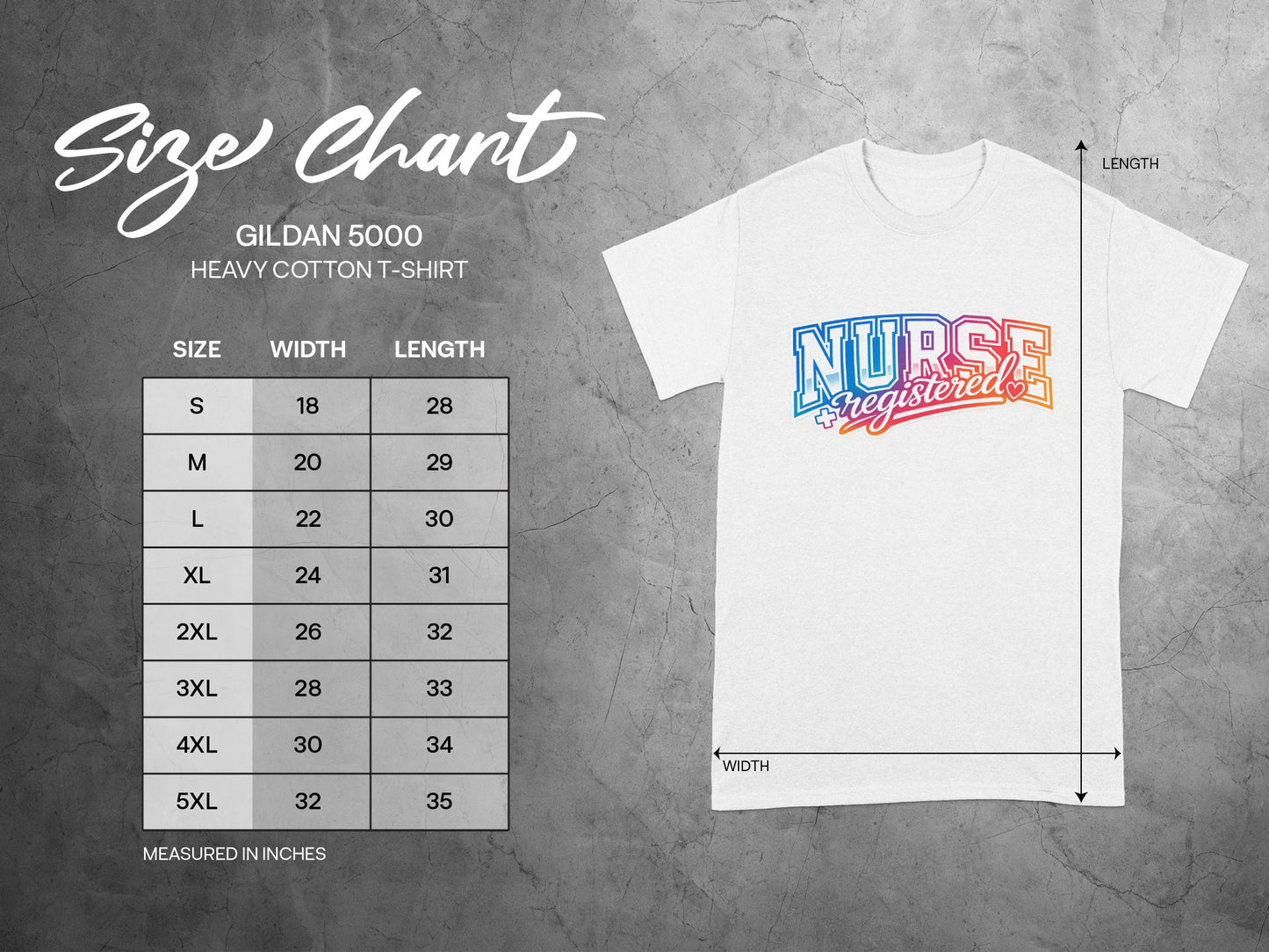 Gildan 5000 t-shirt size chart with width and length measurements in inches.